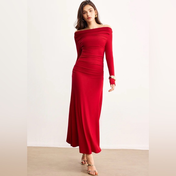 Commense Off-Shoulder Ruffle Knit Red Dress - Picture 2 of 8